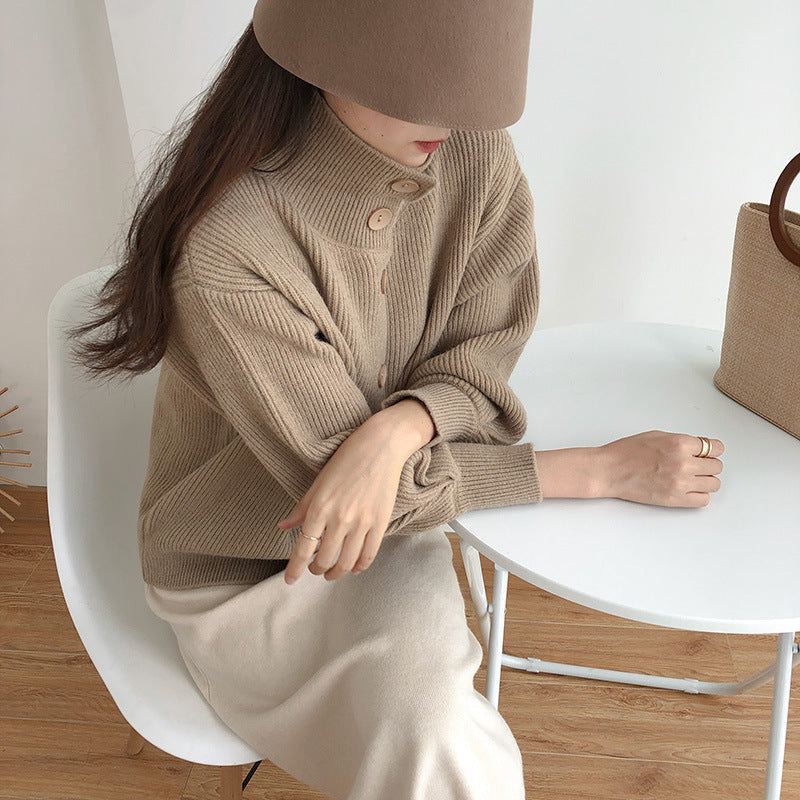 High-Necked Thick Loose Western-Style Knitted Cardigan