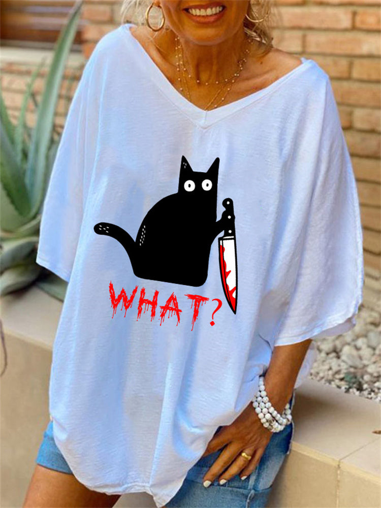 Halloween Holding Knife Black Cat Oversized T Shirt