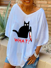 Halloween Holding Knife Black Cat Oversized T Shirt