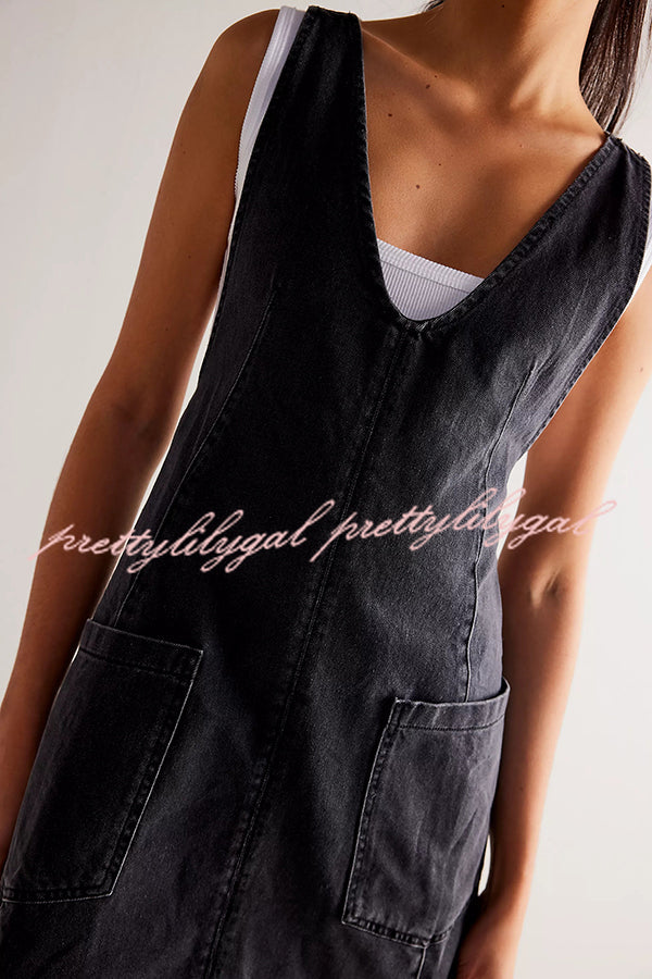 Solid Color Sleeveless V-neck Pocket Adjustable Denim Suspender Mini Dress