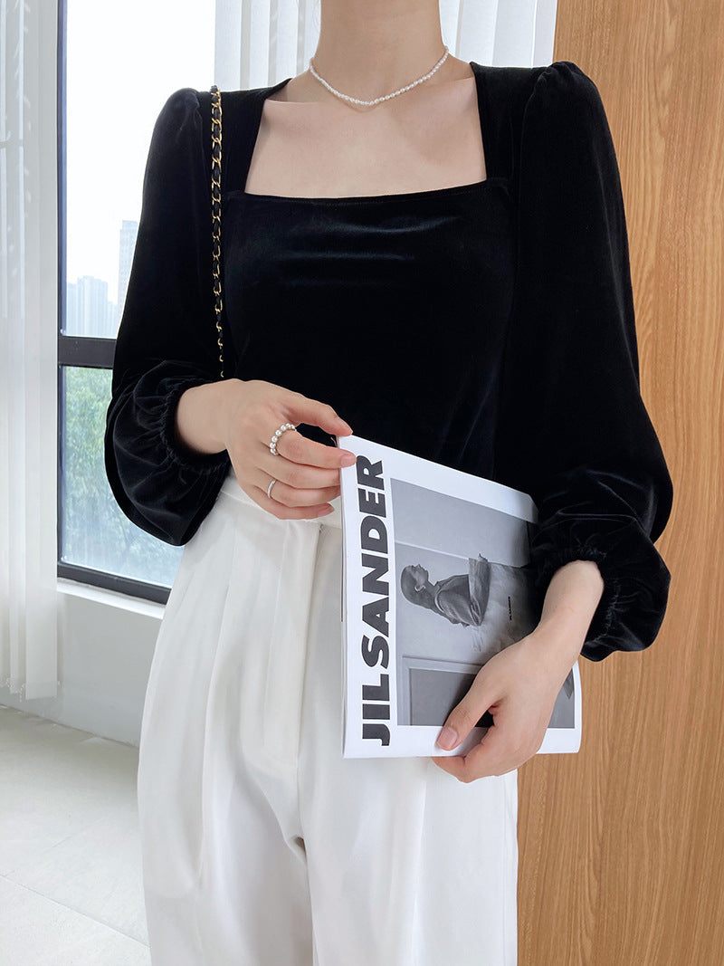 Black Velvet Square Collar Bubble Sleeve Blouse