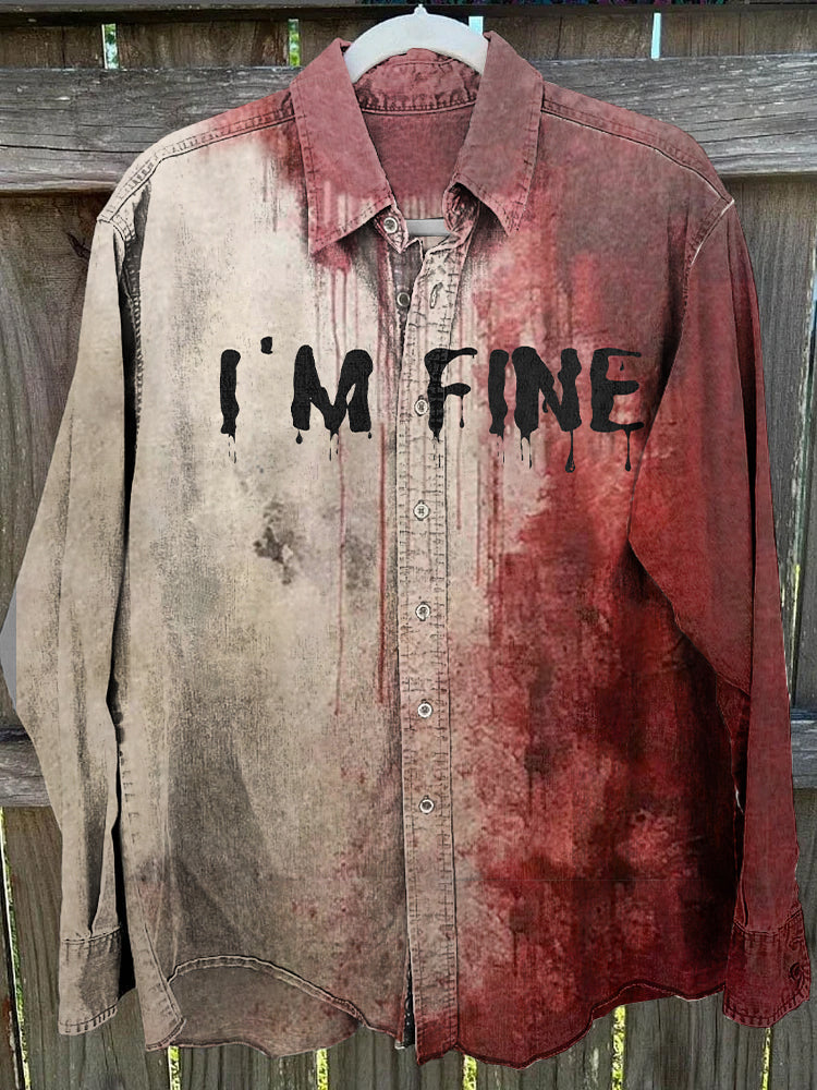 I'm Fine Halloween Blood Splatter Print Long-sleeve Linen Blend Shirt