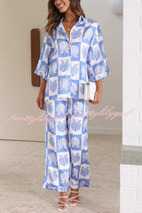 Ocean Legend Satin Shell Print Button Up Shirt and Elastic Waist Pants Set