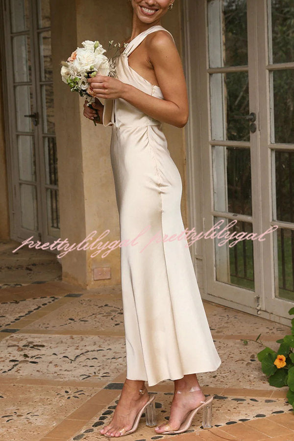 Carrie Satin Drape Twist Detail One Shoulder Midi Dress