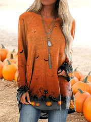 Halloween Pumpkin Cat Print Long Sleeve Tunic