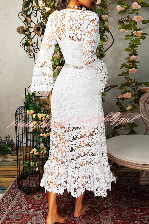 For The Love of Lace Flower Pattern Patchwork Bell Sleeve Midi Dress