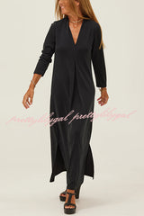 Solid Color V-neck Casual Slit Maxi Dress