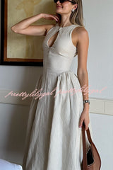 City Cutie Linen Blend Button Cutout Neck Umbrella Hem Midi Dress