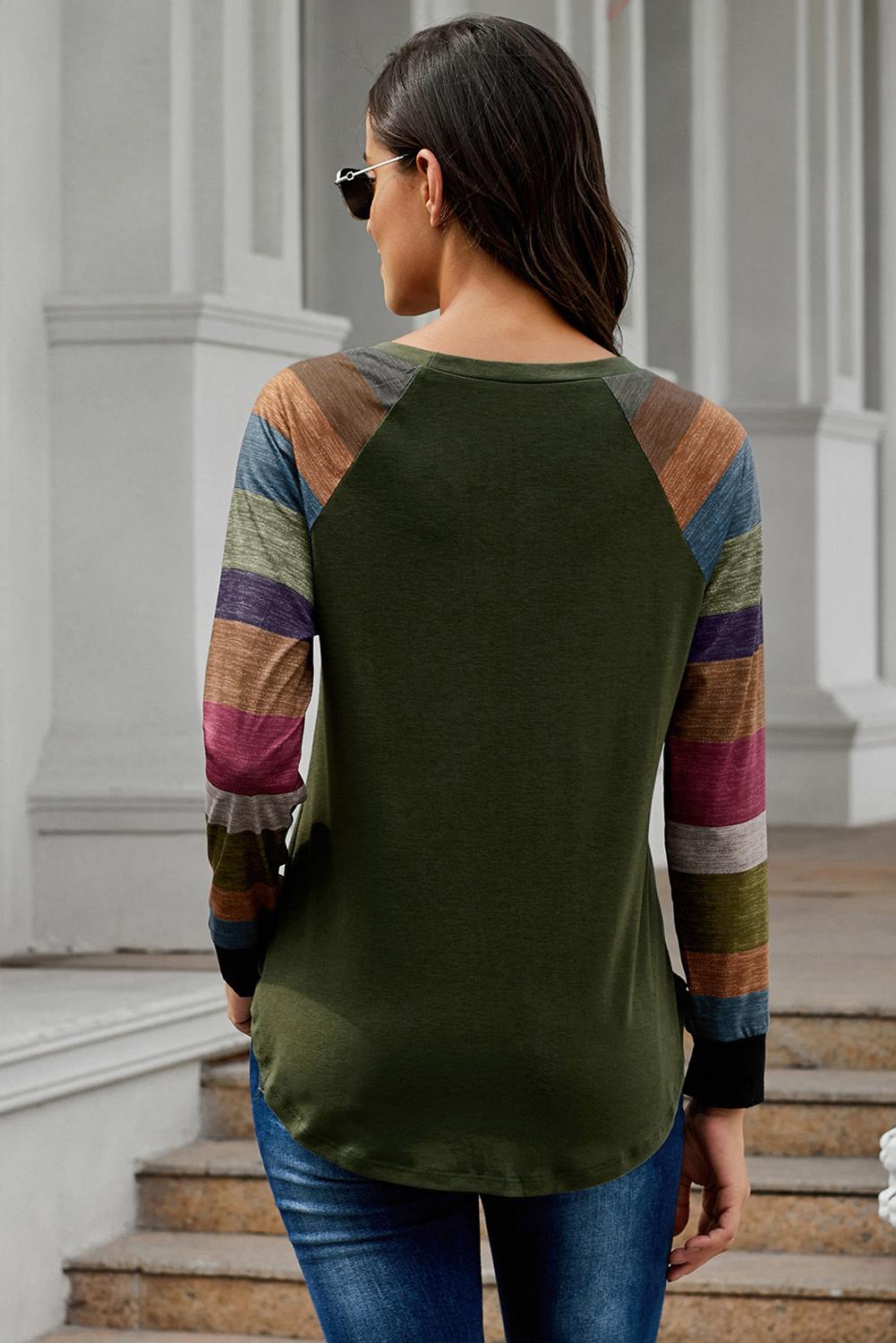 Women's Green Color Block Long Sleeves Pullover Top