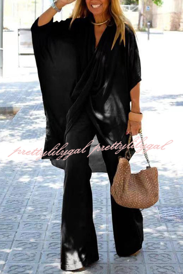 Casual V Neck Trumpet Sleeve Top and Pants Two Piece Set