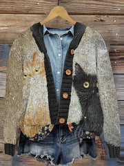 Vintage Contrast Cat Print Women's Sweater