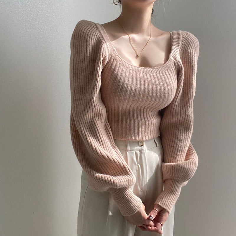 Plain Knit Top With Square Collar And Bubble Sleeves