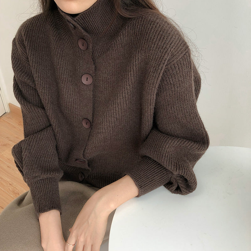 High-Necked Thick Loose Western-Style Knitted Cardigan