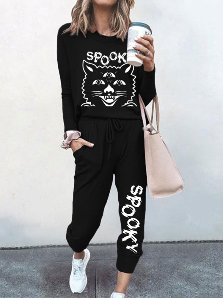 Spooky Cat Print T-Shirt Two Piece Set