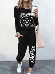 Spooky Cat Print T-Shirt Two Piece Set