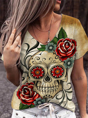 Day Of The Dead Rose Skull Tie Dye V Neck T Shirt