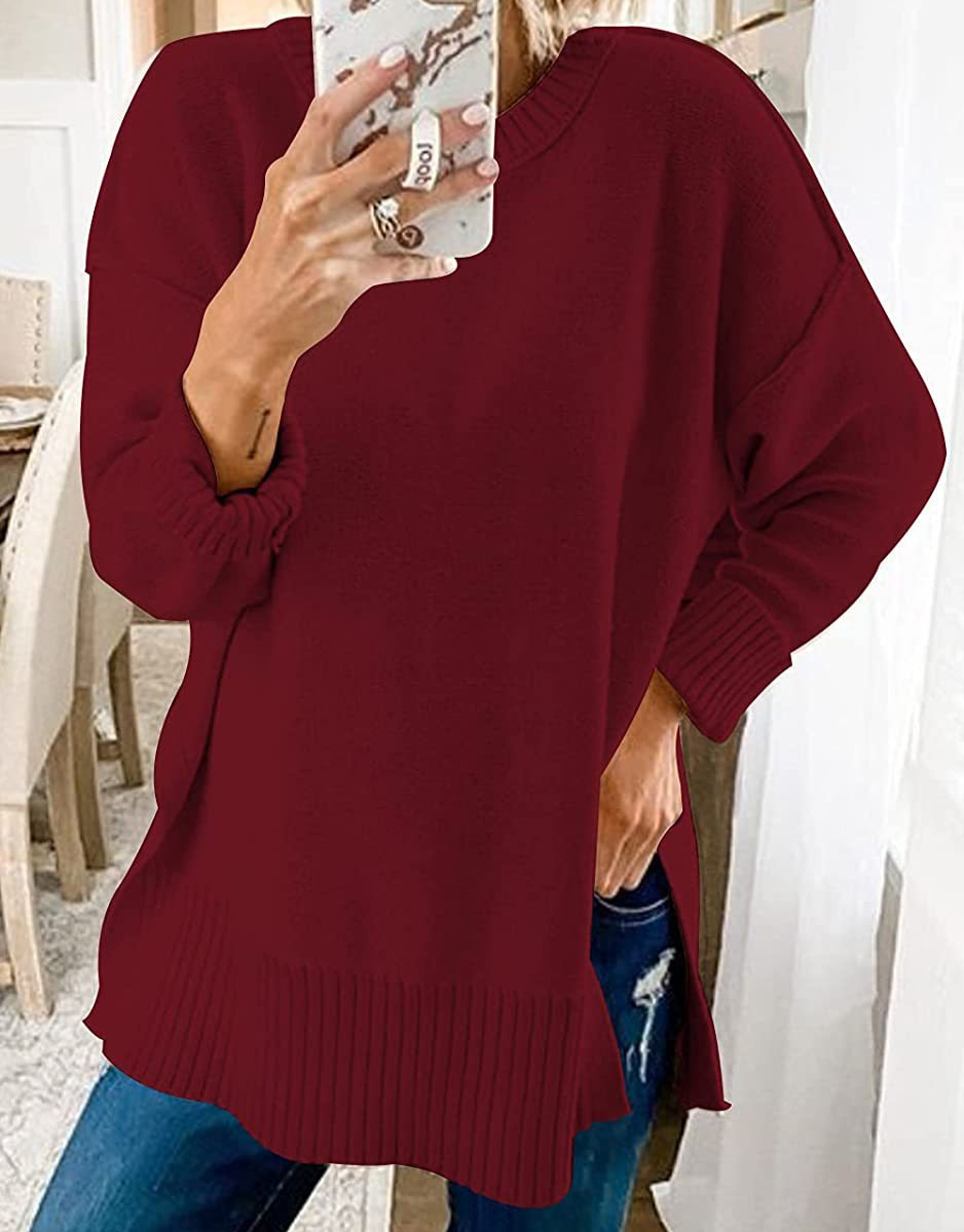 Women With Round Neck Long Sleeves And Slit Sweaters