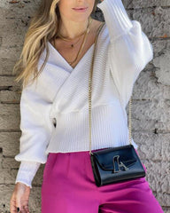 V-neck cross wrap puffy sleeve sweater