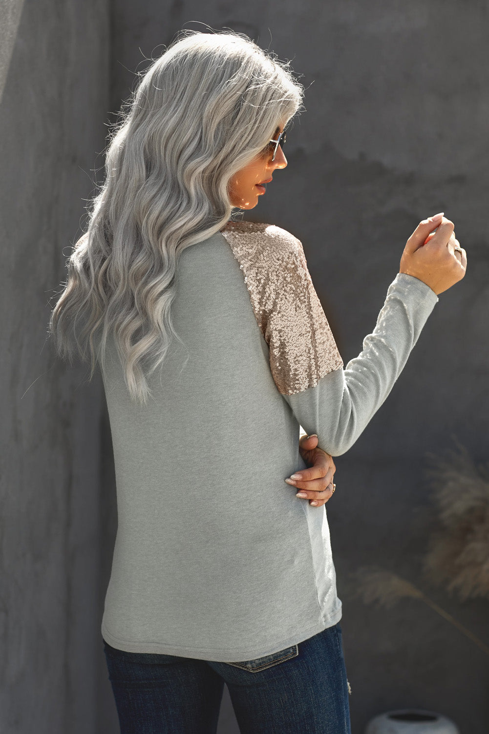 Women's Women Gray Sequin Shoulder Long Sleeve Top