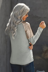 Women's Women Gray Sequin Shoulder Long Sleeve Top