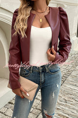 Yelissa Faux Leather Statement Long Sleeve Open Front Crop Jacket