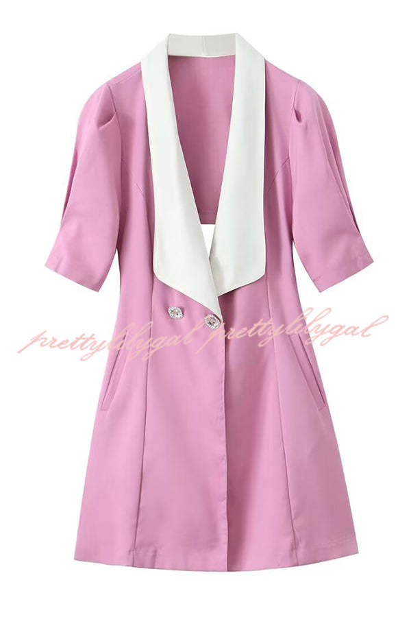 Stylish Contrast Lapel Backless Bow Shirt Style Pocket Mini Dress