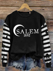Salem 1692 Black Cat Stripe Contrast Print Crew Neck Sweatshirt