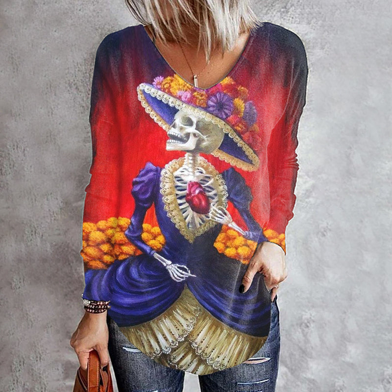 Skull Bridal Print Long Sleeve T-Shirt