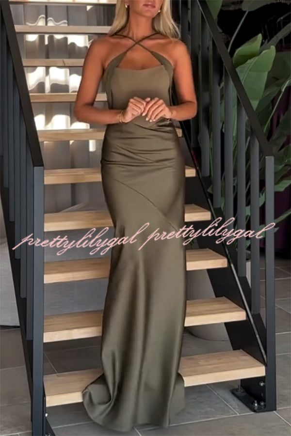 Dreya Satin Patchwork Cross Shoulder Straps Gown Maxi Dress