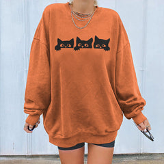 Halloween Cat Print Long Sleeve Sweatshirt