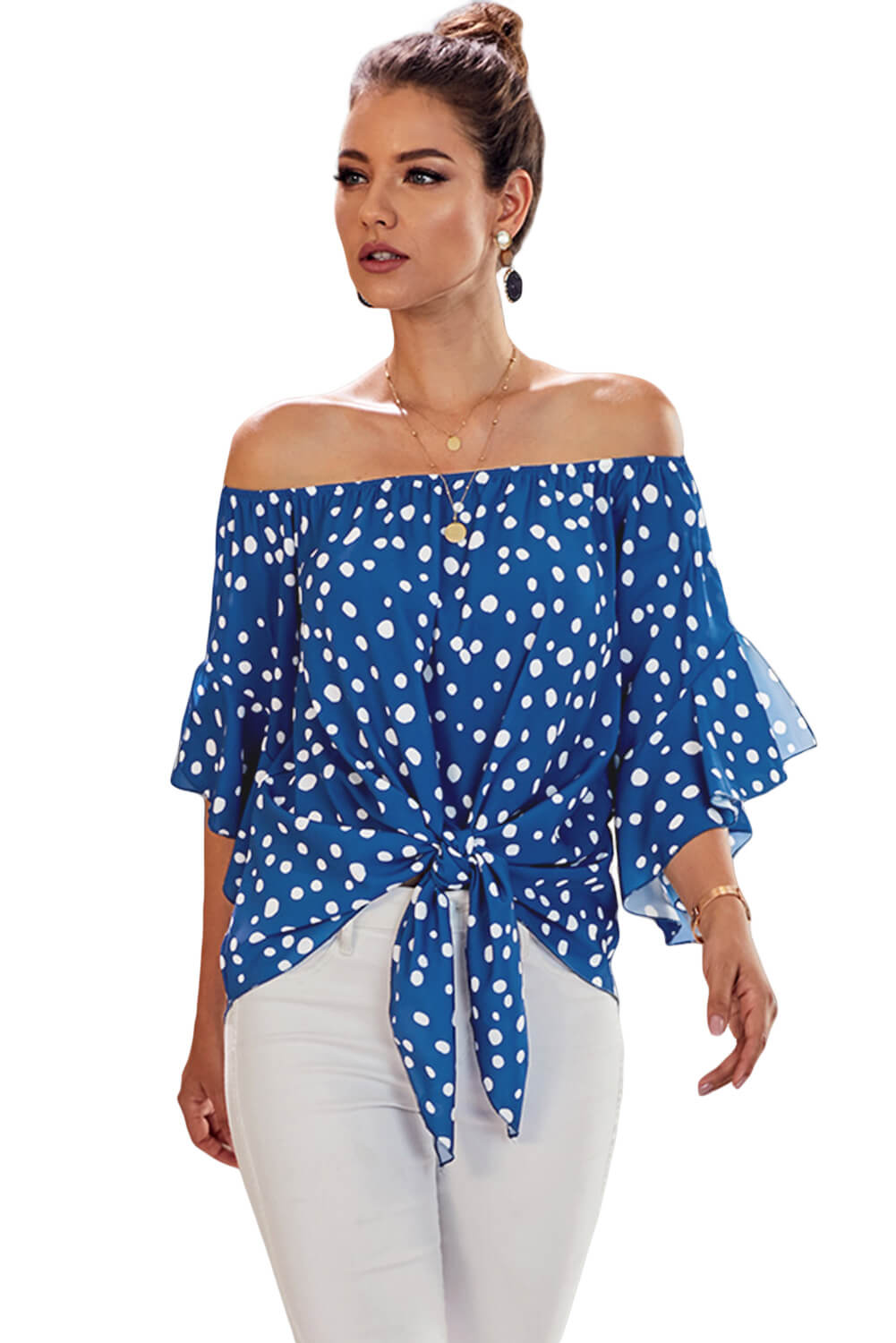 Women's Sky Blue Polka Dot 3/4 Bell Sleeve Front Tie Knot Off Shoulder Top
