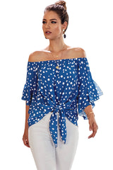 Women's Sky Blue Polka Dot 3/4 Bell Sleeve Front Tie Knot Off Shoulder Top