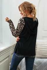 Women's Lace Up Neck Leopard Long Sleeves Top