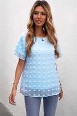 Women's Sky Blue Swiss Dot Texture O-neck Short Sleeve Top