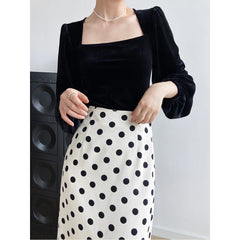 Black Velvet Square Collar Bubble Sleeve Blouse