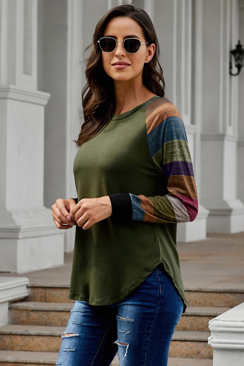 Women's Green Color Block Long Sleeves Pullover Top