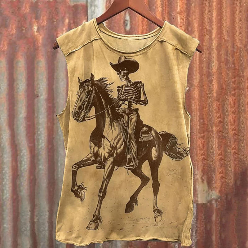 Men's Vintage Cowboy Ghost Skull Riding Horse Art Print Vest