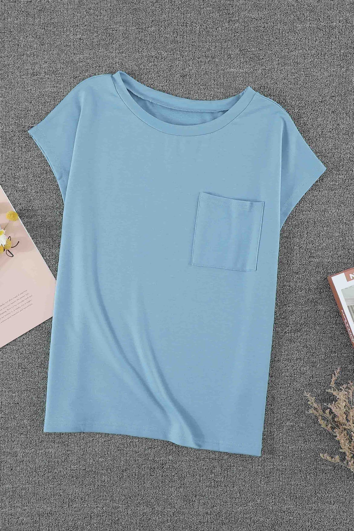 Women's Sky Blue Knit Pocketed Side Slits Short Sleeve Tee