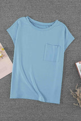 Women's Sky Blue Knit Pocketed Side Slits Short Sleeve Tee