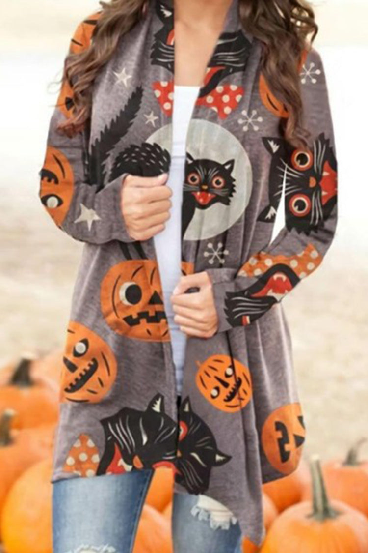 Halloween Pumpkin Cat Print Cardigan