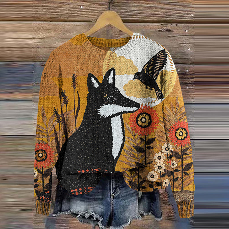 Women's Fox Bird Print Crew Neck Sweater
