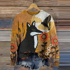 Women's Fox Bird Print Crew Neck Sweater