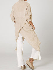 Vintage Linen Blend Long Sleeve Pile Collar Asymmetrical Cardigan