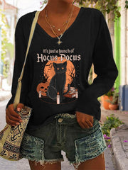 It's Just A Bunch Of Hocus Pocus Long Sleeve Halloween Black Cat Print T Shirt