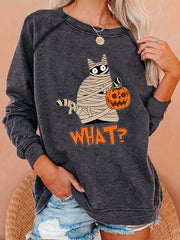 What Cat Print Crew Neck Casual Sweatshirt