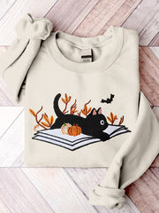 Halloween Cat Embroidered Crew Neck Comfy Sweatshirt