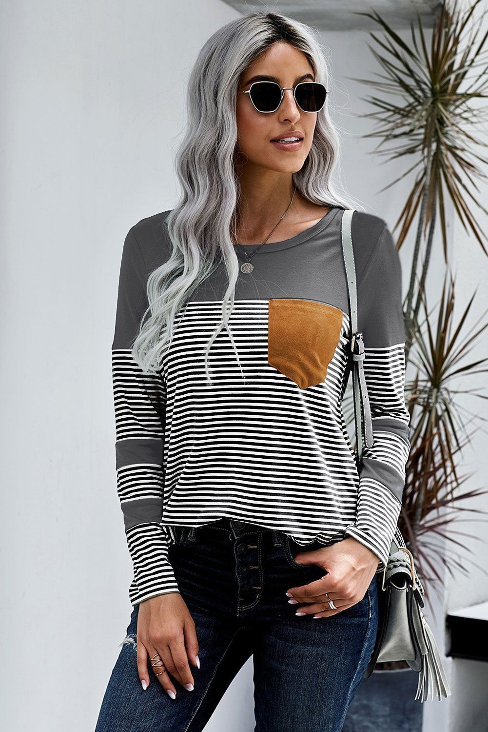 Women's Casual Gray Striped Pinstripe Patch Pocket Long Sleeve Top