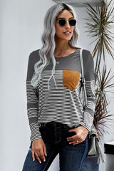 Women's Casual Gray Striped Pinstripe Patch Pocket Long Sleeve Top