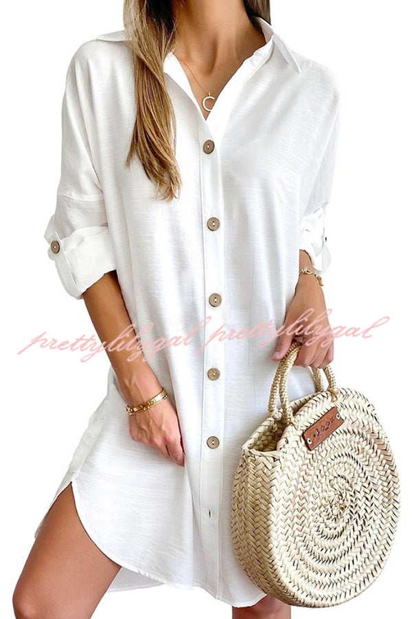 Solid Color Casual Button-Down Shirt Style Mini Dress