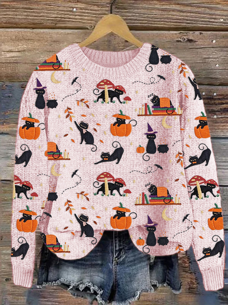 Black Cat Pumpkin Embroidery Pattern Knit Sweater